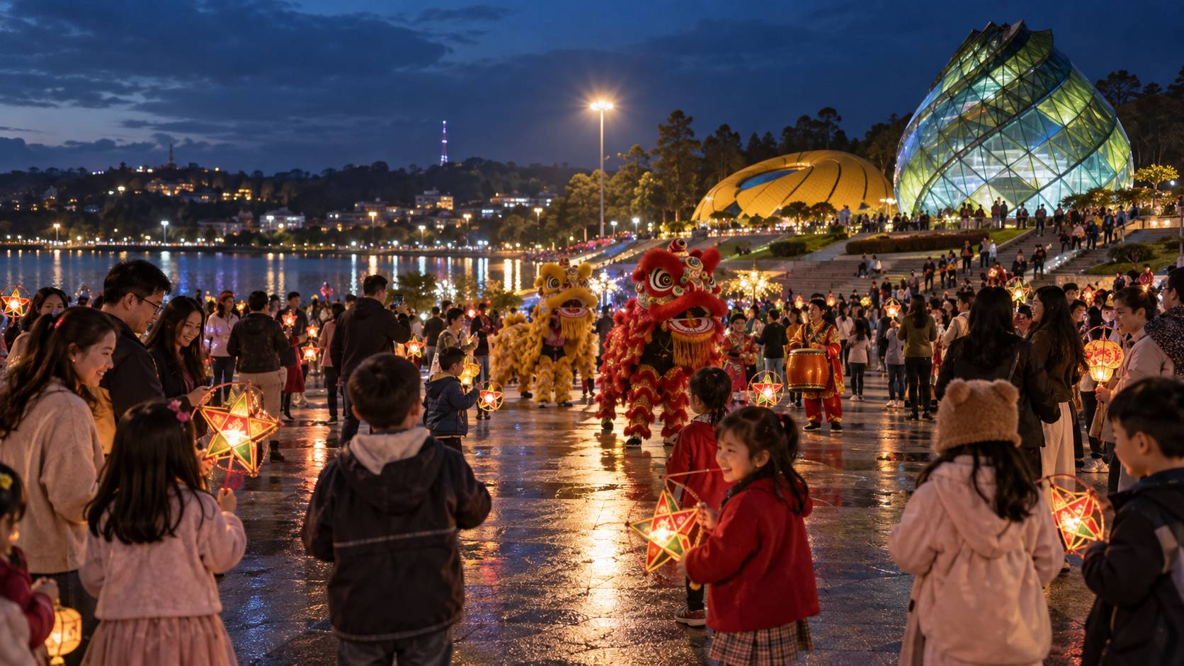 AI-generated illustration of families carrying lanterns at a Mid-Autumn celebration beside Lâm Viên Square and Xuân Hương Lake at dusk.