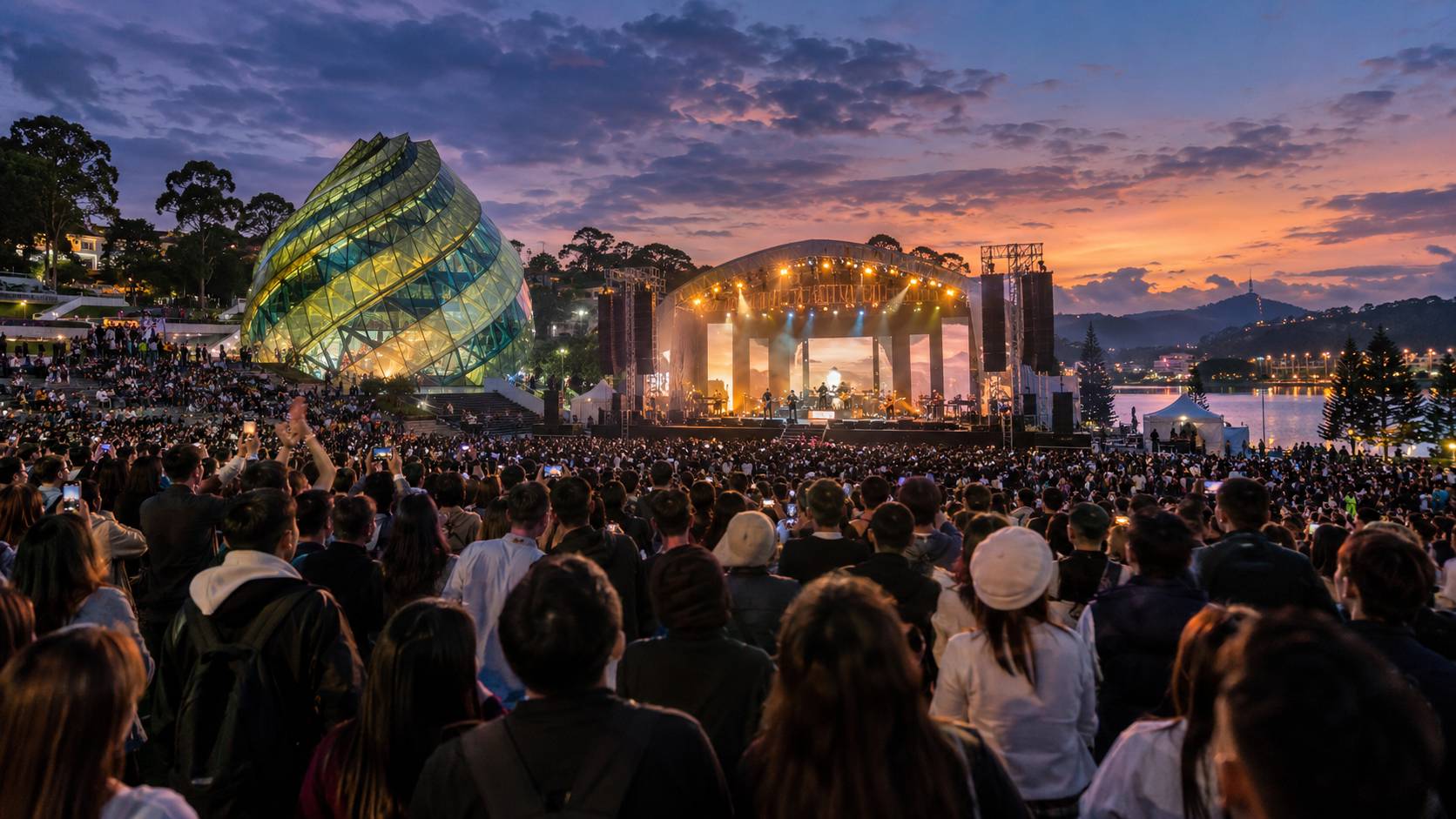 AI-generated illustrative image, not an actual event photo, of a music-festival audience at Lâm Viên Square in Đà Lạt.