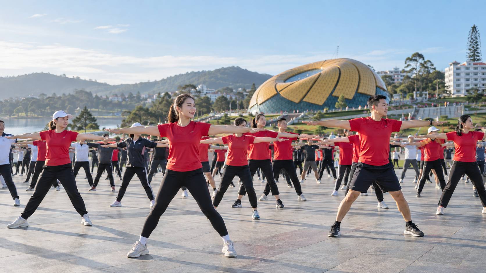 AI-generated illustrative image of a community fitness warm-up at Quảng trường Lâm Viên for the verified 2026 sports day