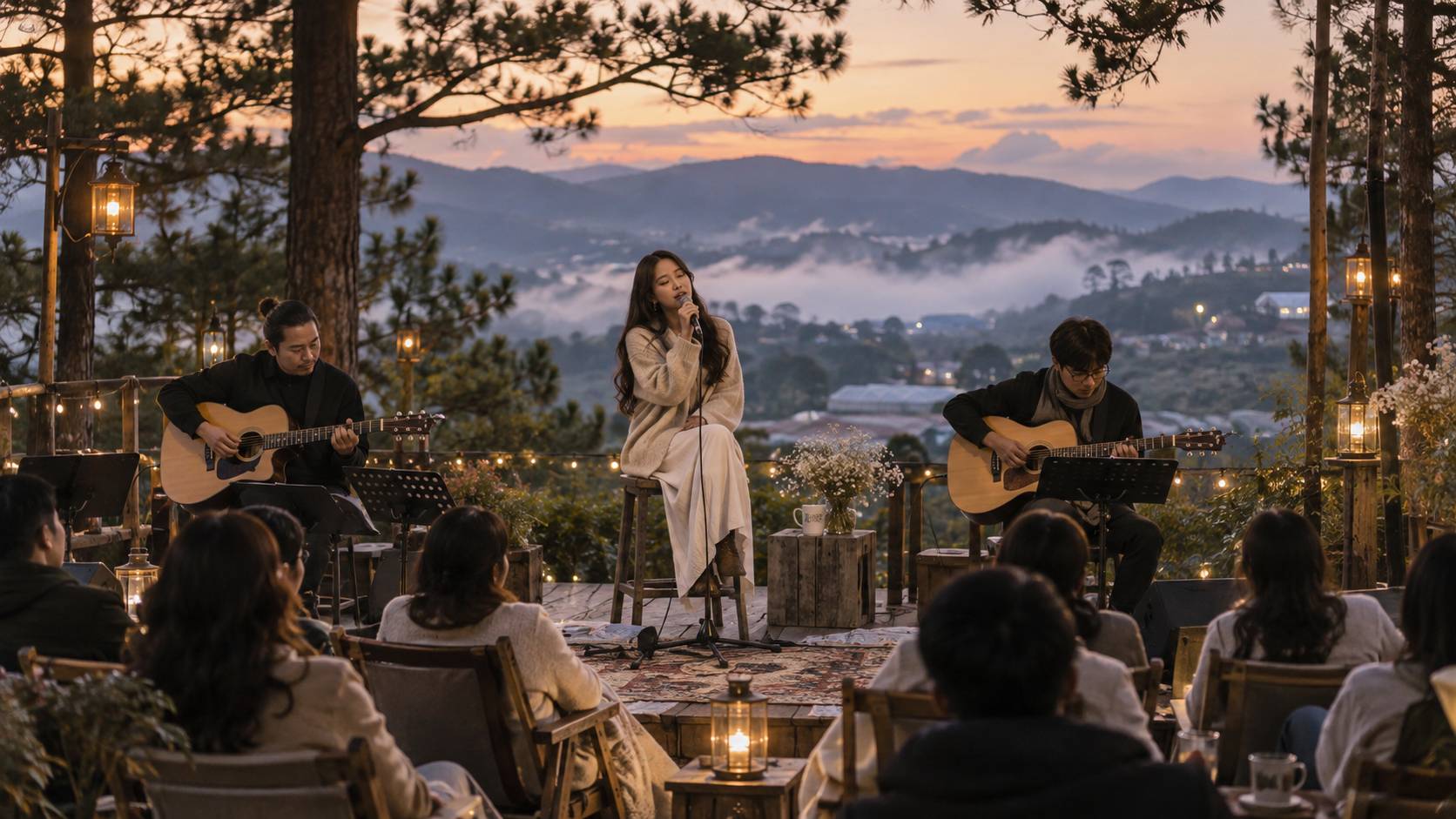 AI-generated illustrative image of a verified Sunday acoustic live-band performance at Lululola in Đà Lạt