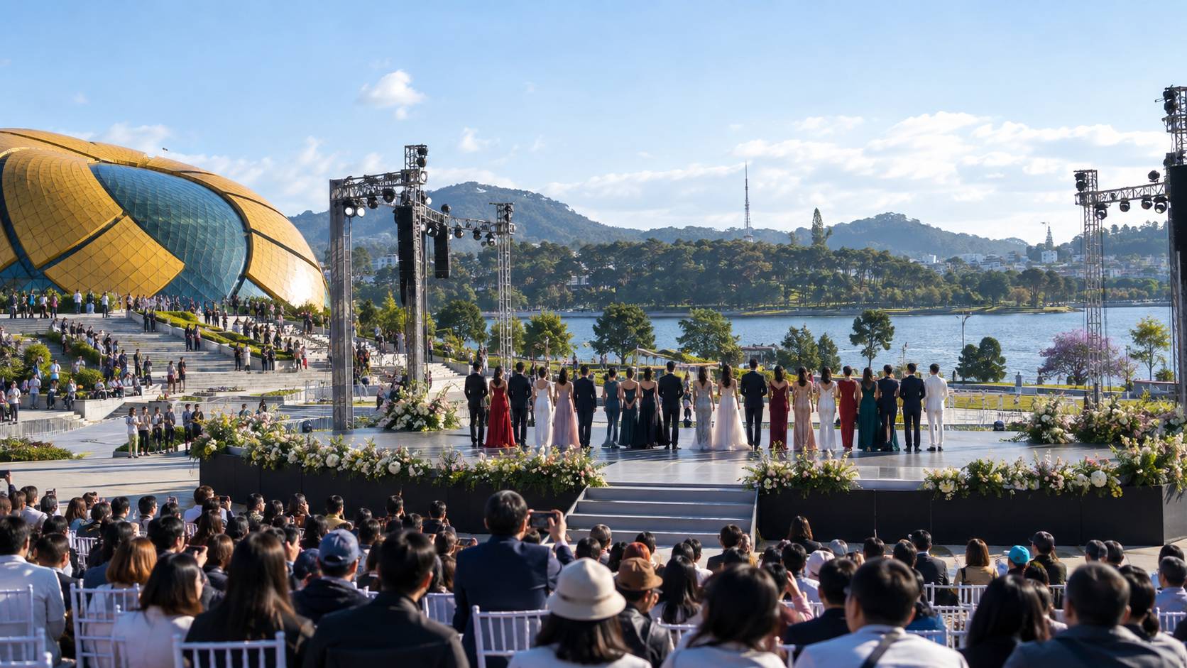 AI-generated illustrative image of an international cultural stage finale at Lâm Viên Square, Đà Lạt