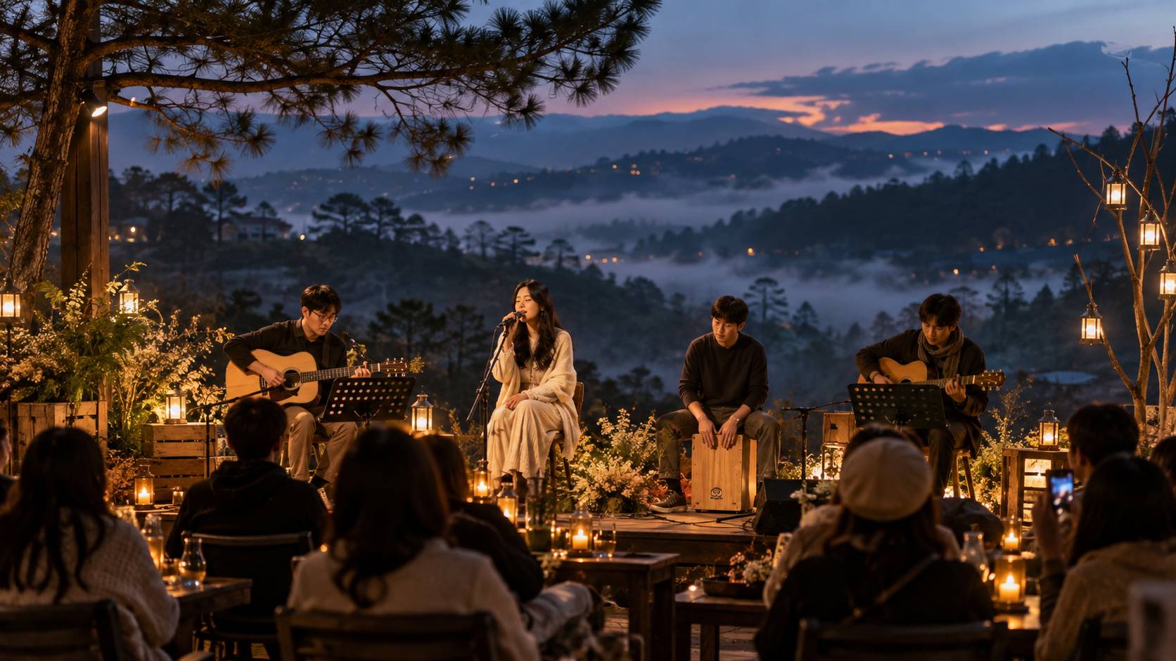 AI-generated illustrative image of a LuLuLoLa acoustic live-band night in Đà Lạt; not an actual event photograph.