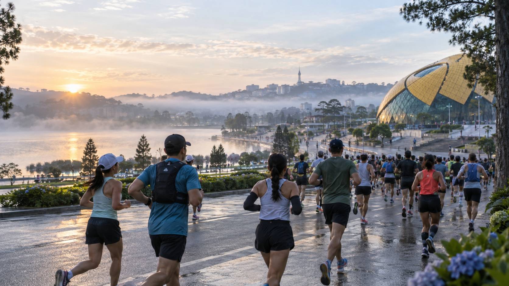 AI-generated illustrative image of runners at Quảng trường Lâm Viên for the verified Da Lat green race
