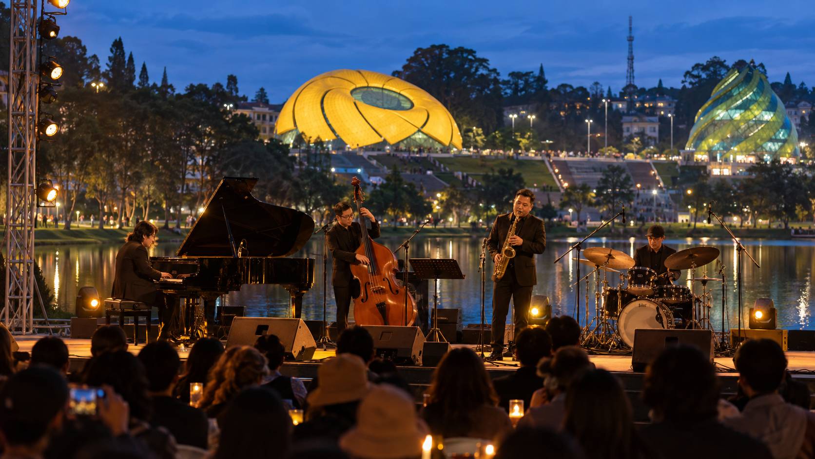 AI-generated illustrative image of a jazz performance at Lâm Viên Square in Đà Lạt; not an actual event photograph.
