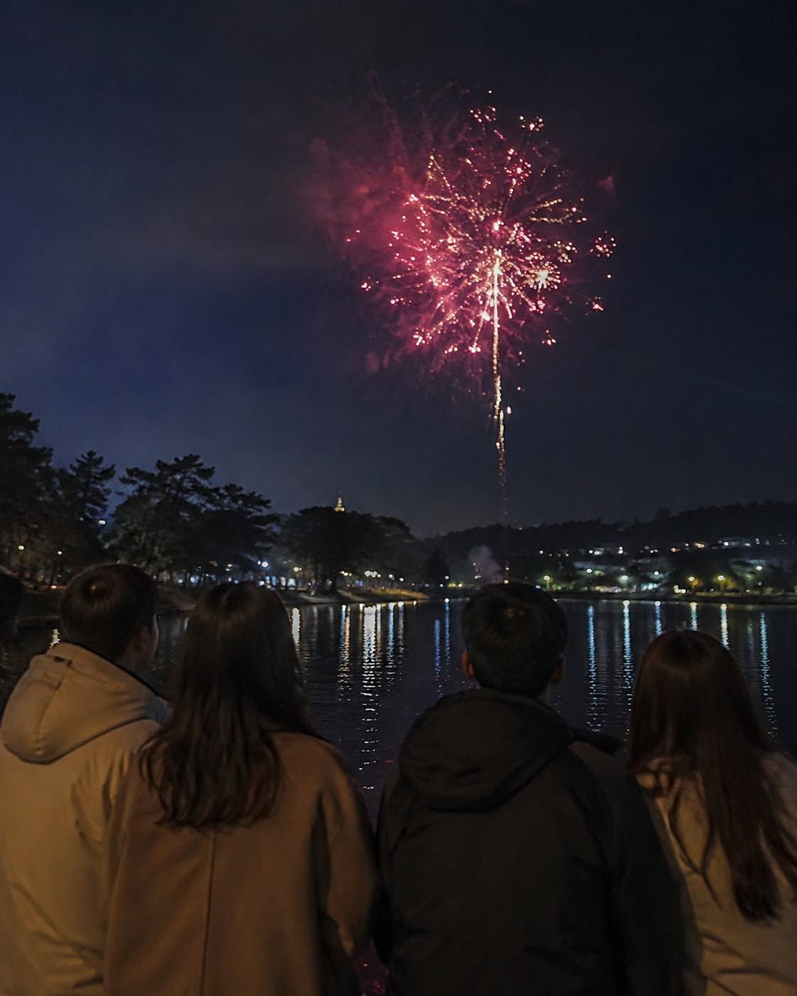 AI-generated illustrative image for Group Meeting Point for Firework at Xuan Huong Lake; not an actual event photograph.