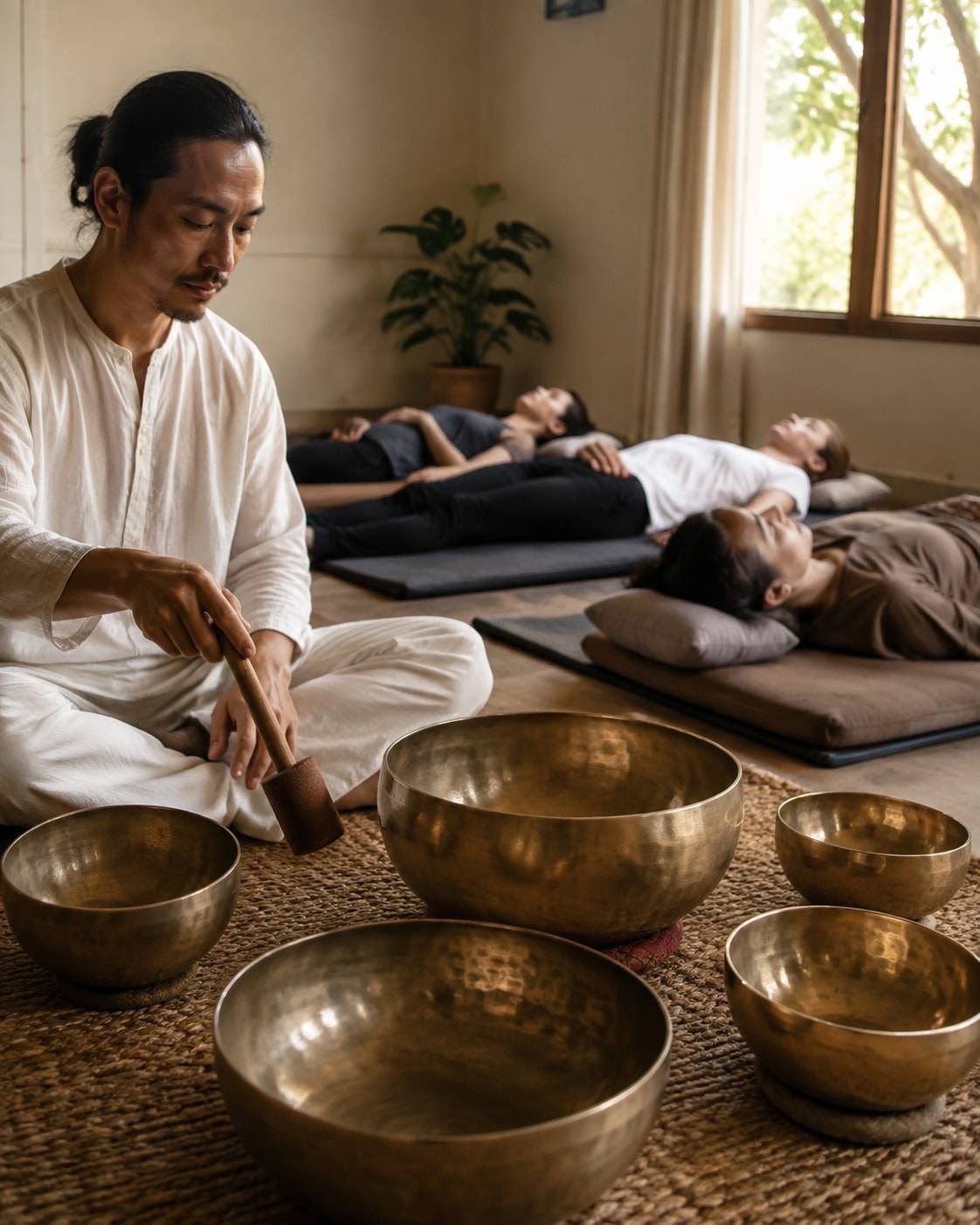 AI-generated illustration of singing-bowl sound bath; not an actual event photo.