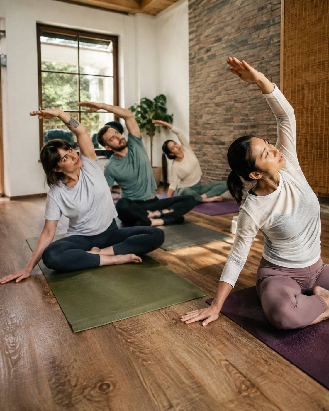 AI-generated illustration of small-group yoga practice; not an actual event photo.