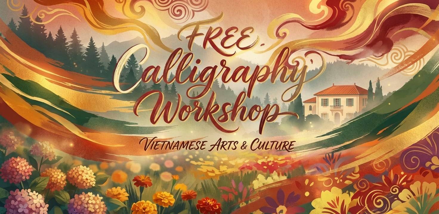 Free calligraphy workshop poster with floral meadow and hillside house.