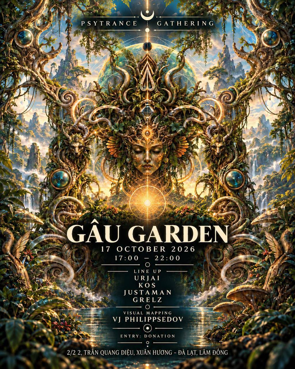 Psytrance Gathering flyer: Gâu Garden, 17 October 2026, 17:00–22:00, line-up Urjai, Kos, Justaman, Grelz, visual mapping VJ Philippsedov