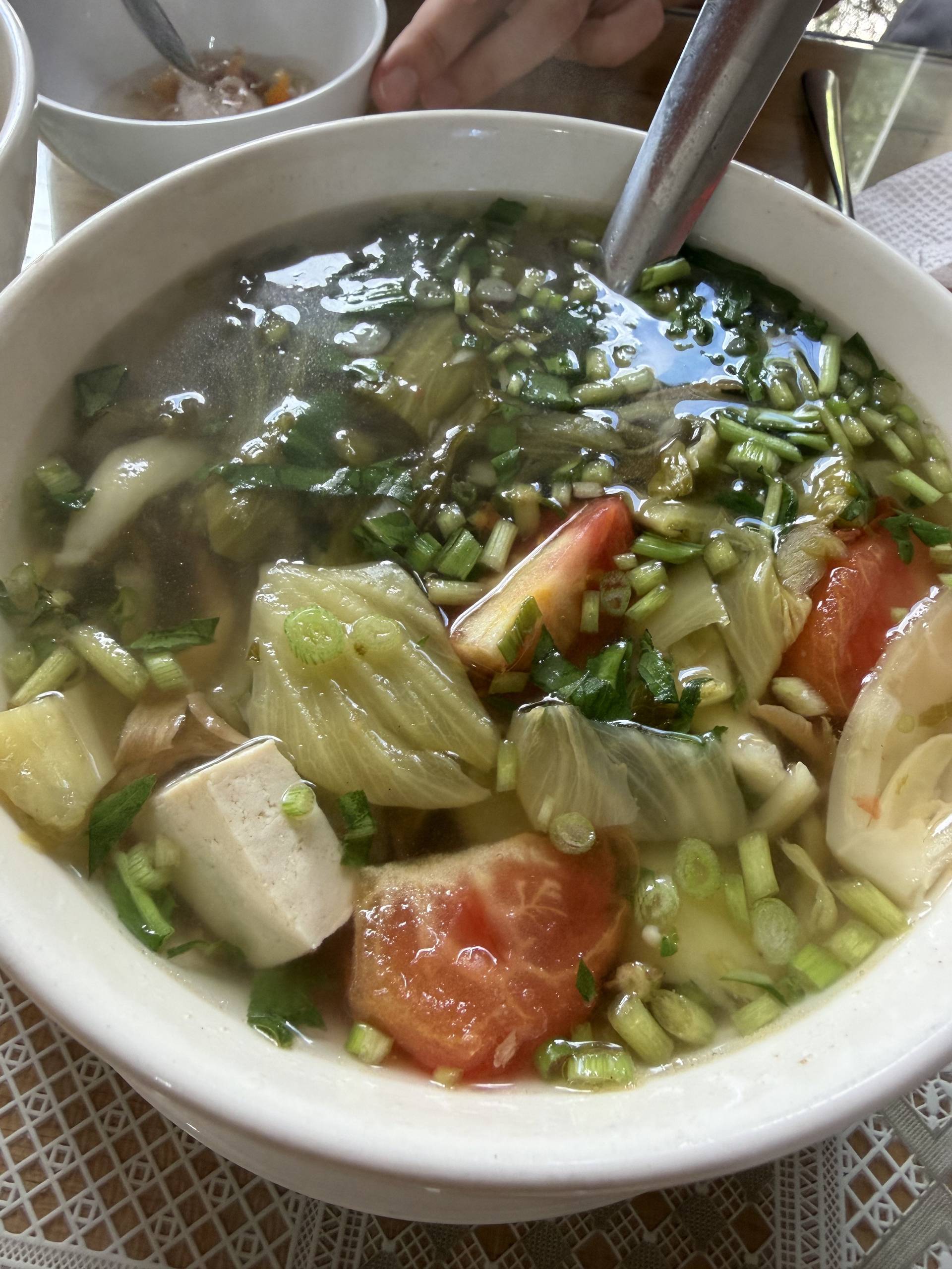 Light and fresh Vietnamese vegetable soup with tofu, tomato, and green vegetables in clear broth. A healthy, traditional Đà Lạt comfort dish.