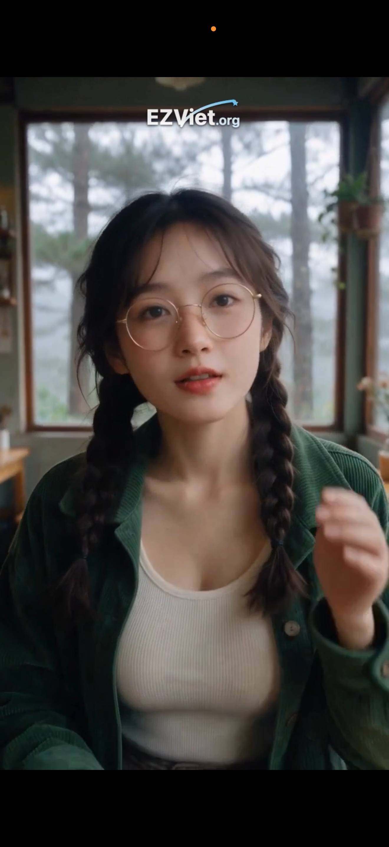 A young woman with braided hair wearing glasses and a green jacket stands in front of a window overlooking a pine-forested hillside, suggesting a serene and natural setting.