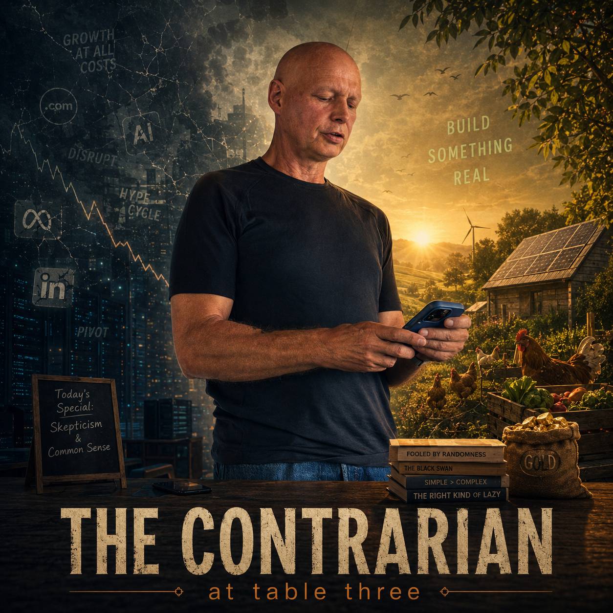 Event poster for 'The Contrarian' featuring a split-world aesthetic contrasting tech disruption with sustainable living. Themes include innovation, skepticism, and practical wisdom.