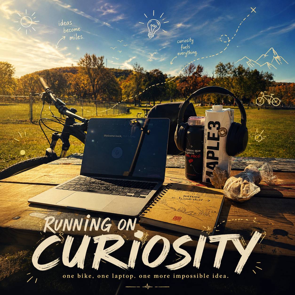 Outdoor creative workspace scene with laptop and bicycle in a natural park setting. Poster theme celebrates curiosity-driven entrepreneurship and mobile digital nomad culture.