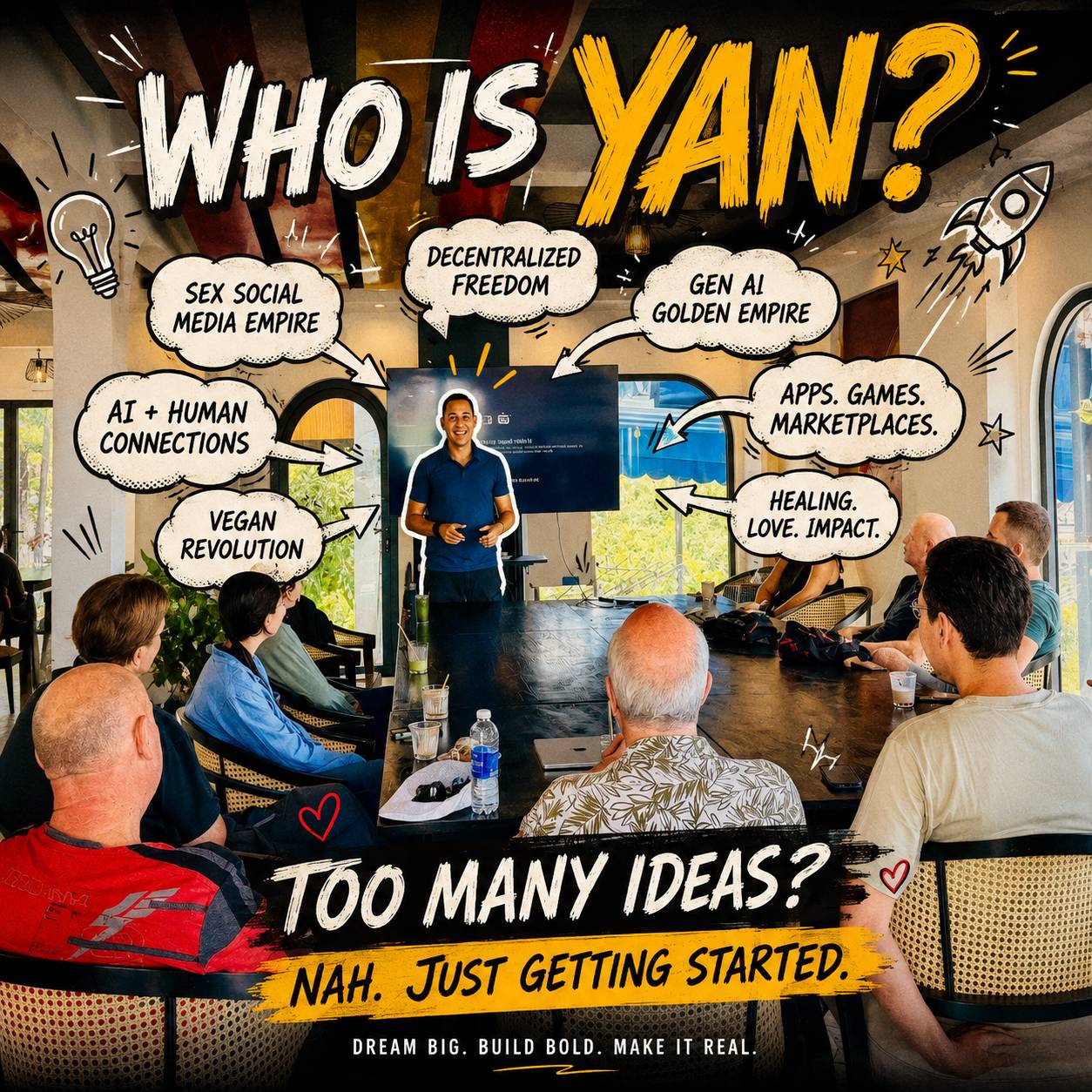 A community discussion event exploring diverse entrepreneurial ideas and visions. Participants gather to explore themes like decentralization, AI, plant-based solutions, and human connection.