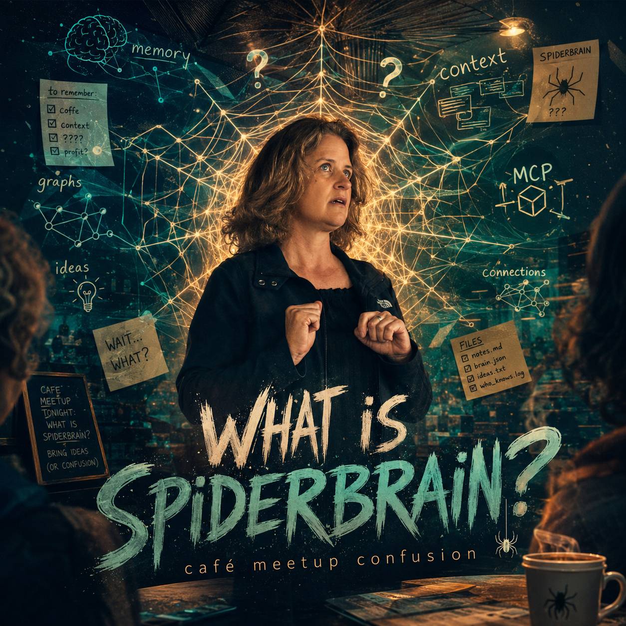 A speaker presents the concept of 'Spiderbrain' at a café meetup. Digital backdrop displays interconnected network imagery representing memory, context, and information architecture.