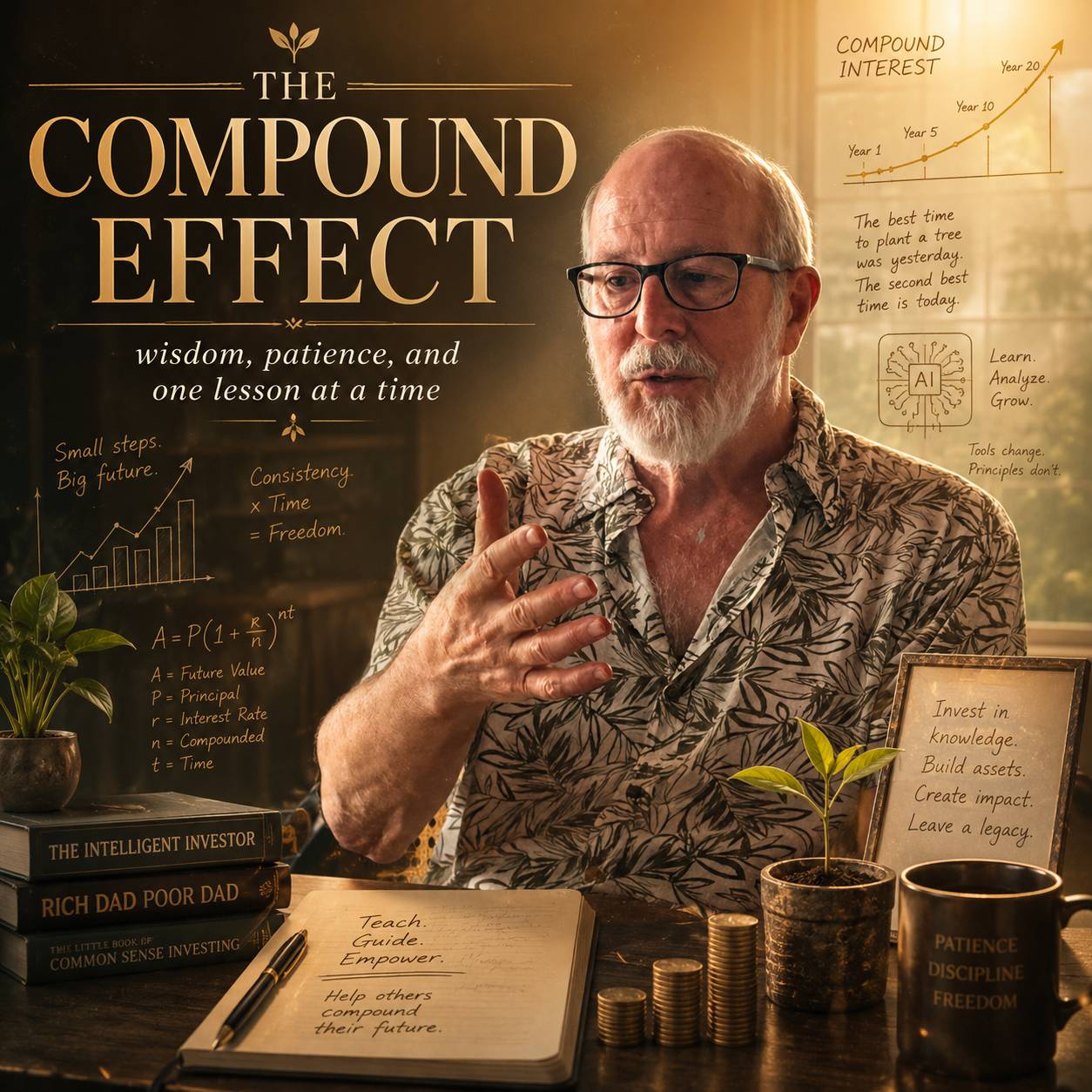Promotional event poster about financial education and compound interest. Features investment wisdom displayed alongside reference books and plants in a warm, scholarly atmosphere.