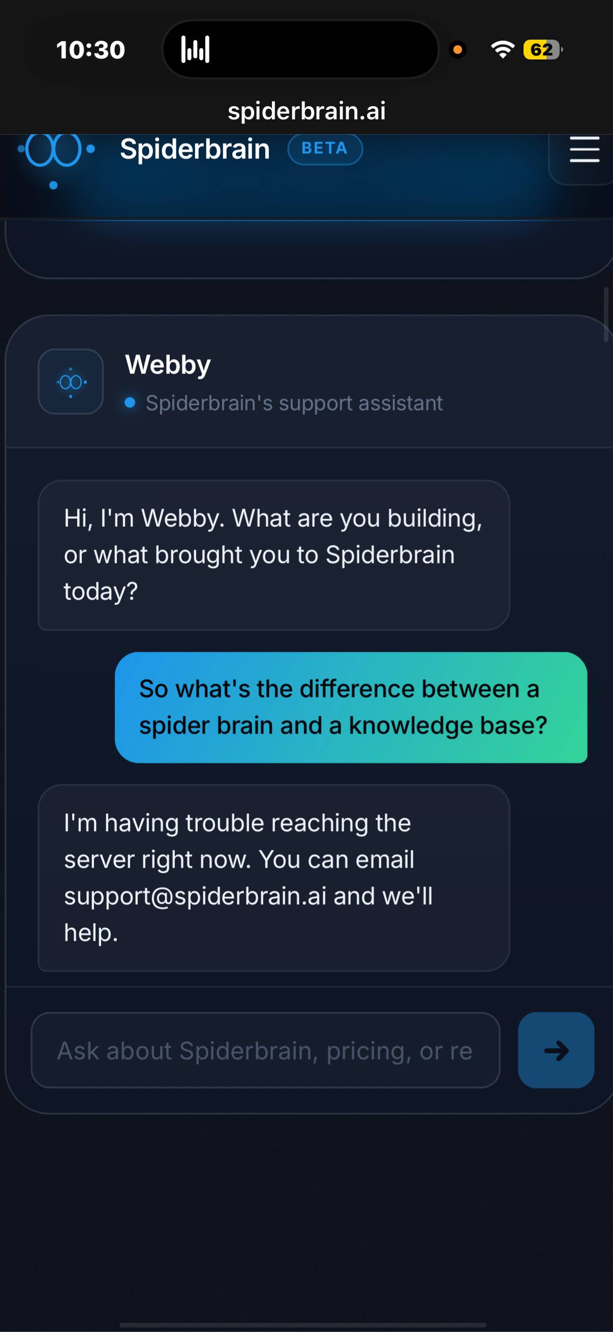Mobile app interface screenshot of Spiderbrain AI beta platform, featuring an AI chatbot assistant conversation with dark theme and modern UI design