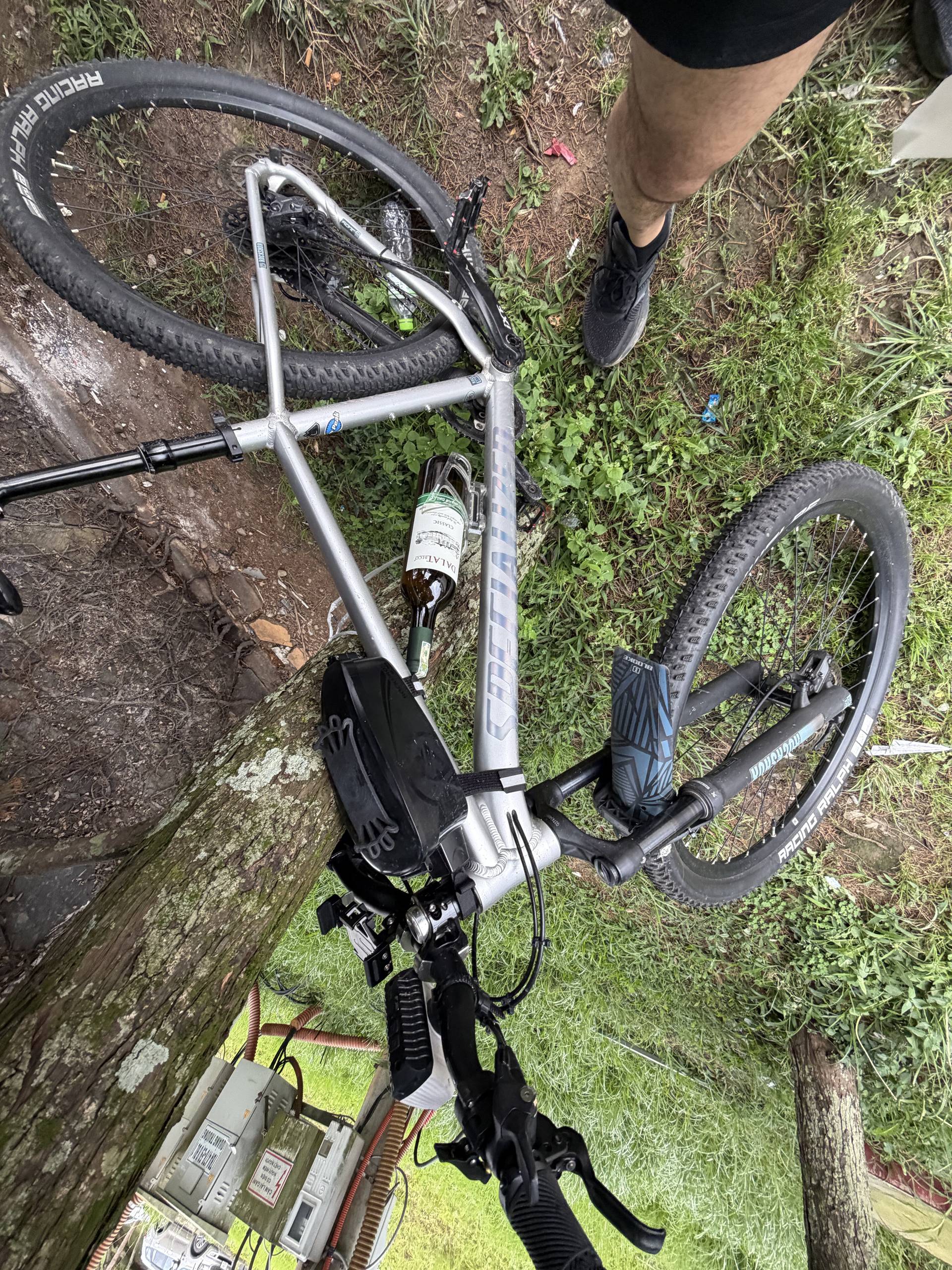 A bicycle lies on its side in a grassy area near a tree and utility box, with a bottle of beer attached to it, suggesting a casual outdoor gathering or picnic in Đà Lạt.