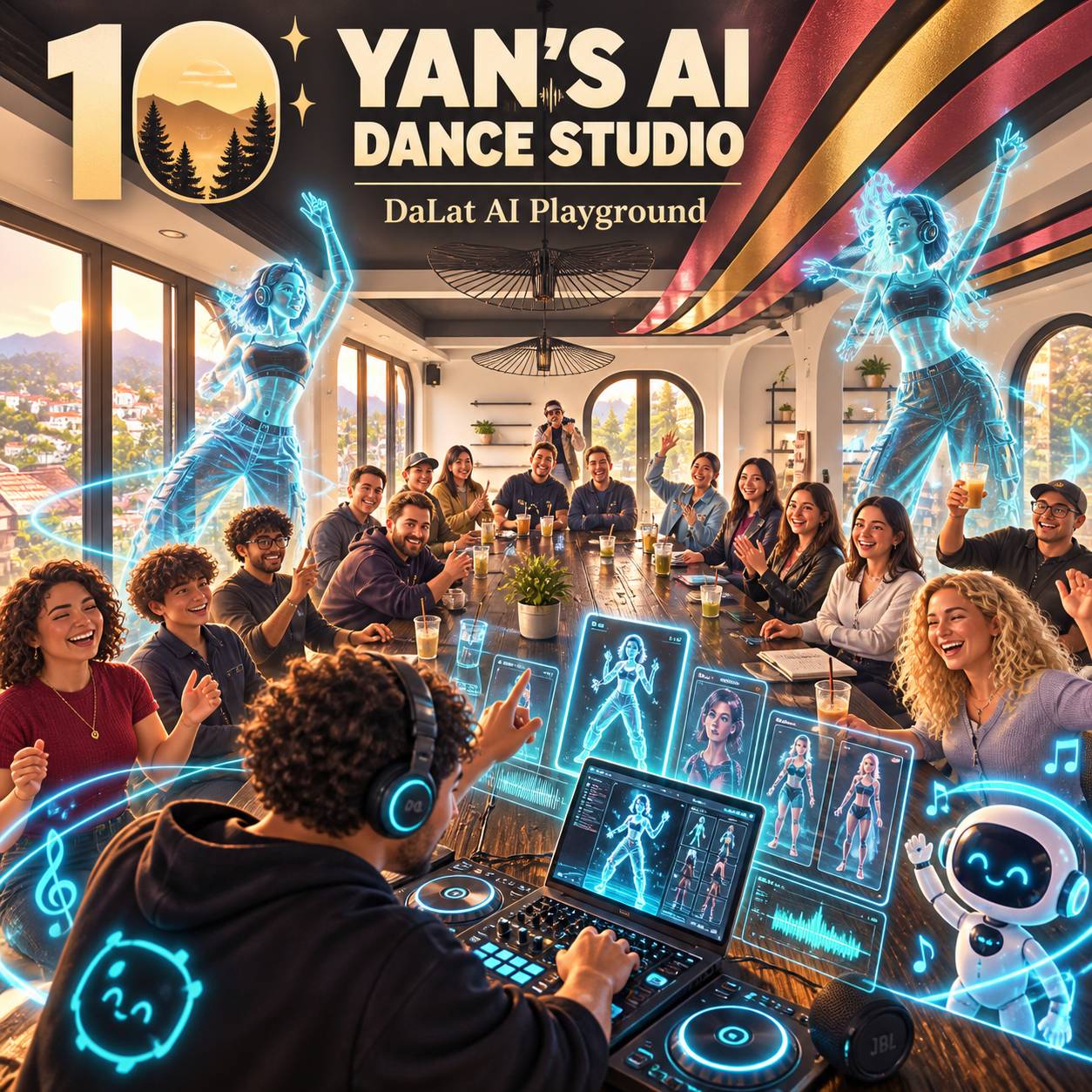 A vibrant gathering in DaLat's AI Dance Studio where friends enjoy interactive dance experiences with futuristic holographic avatars and advanced technology.