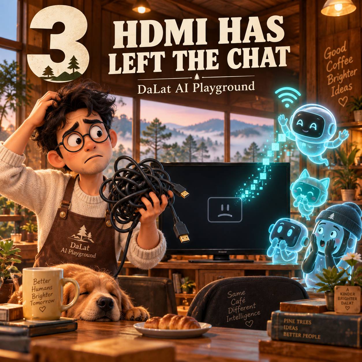 A cozy café in Đà Lạt features a character holding tangled HDMI cables while AI characters float around, creating a humorous and whimsical atmosphere.