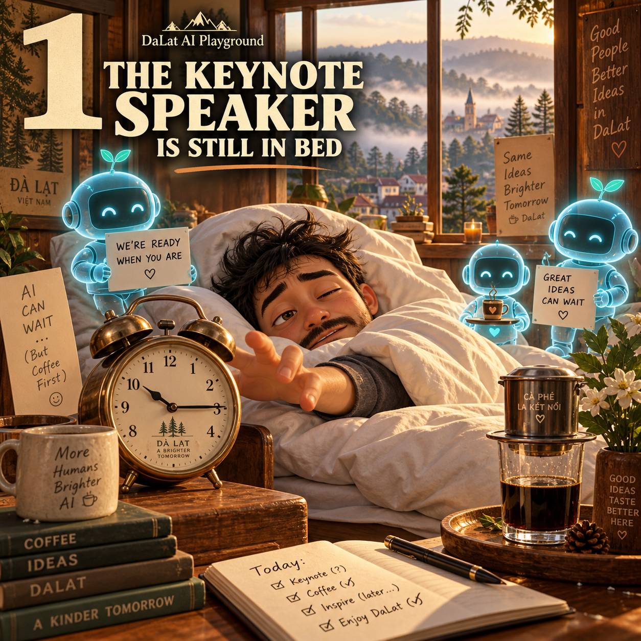 A serene morning in Đà Lạt, Vietnam, where a keynote speaker is still in bed as AI characters and coffee-related items surround him with messages of patience and relaxation.