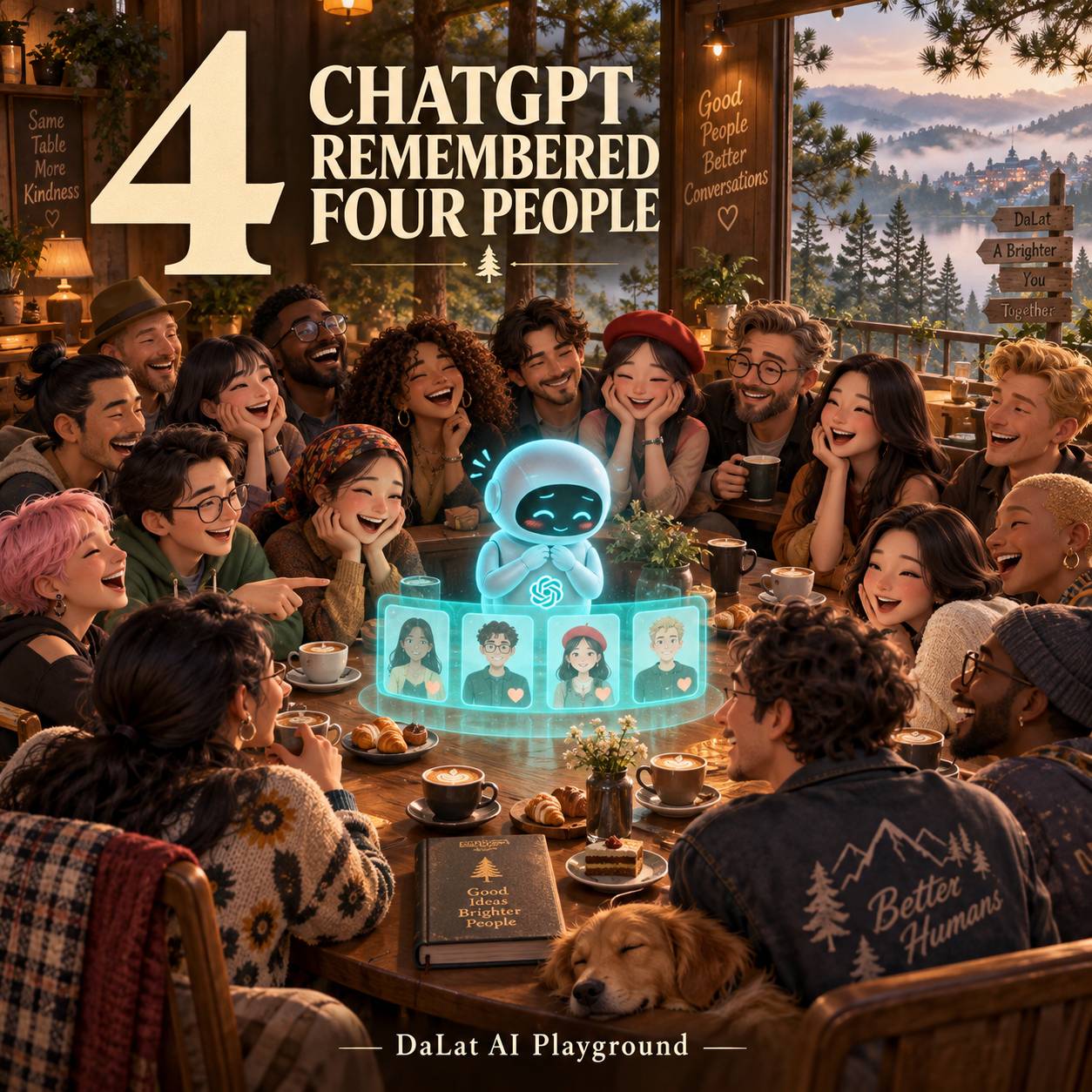 A group of friends gathered around a table in Đà Lạt, Vietnam, enjoying coffee and pastries while a holographic ChatGPT character appears to remember four people at their table.