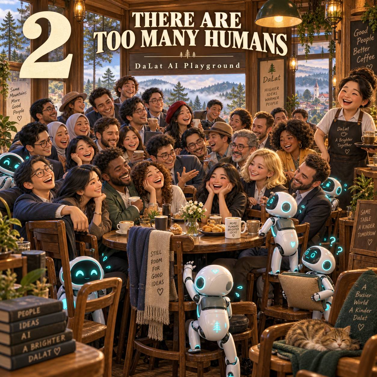 A lively gathering of people in a cozy café in Đà Lạt, Vietnam, surrounded by friendly robots and warm, inviting decor.