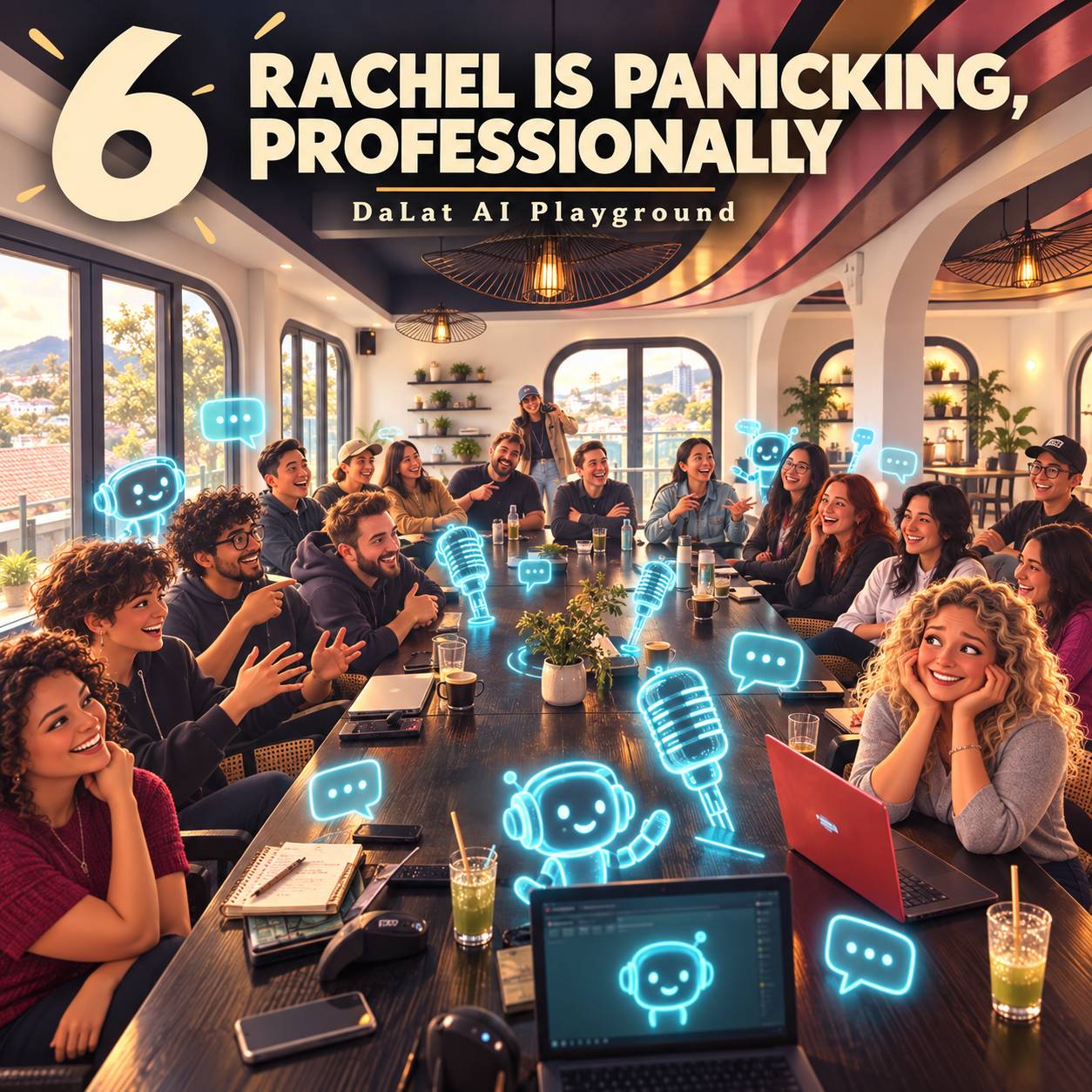 A lively gathering of young professionals in Đà Lạt, Vietnam, engaging in a collaborative discussion around a large table adorned with laptops and microphones, surrounded by vibrant neon AI icons.