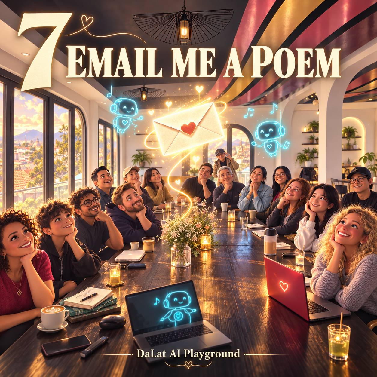 A lively gathering of friends in a cozy café in Đà Lạt, Vietnam, where they engage with AI to create and share poems through email.