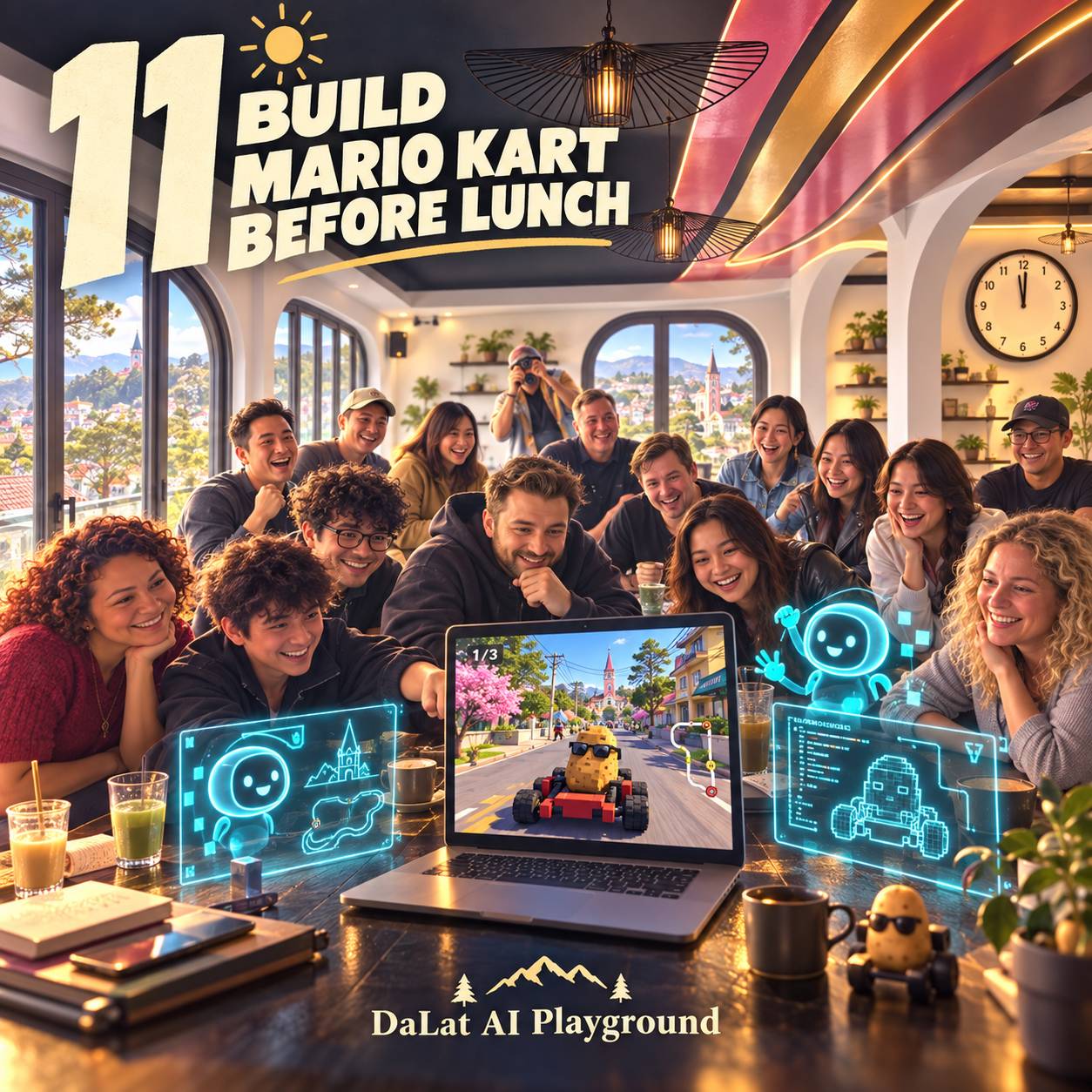 A group of friends gathers in a cozy café in Đà Lạt to play Mario Kart before lunch, with vibrant neon displays and scenic views outside.
