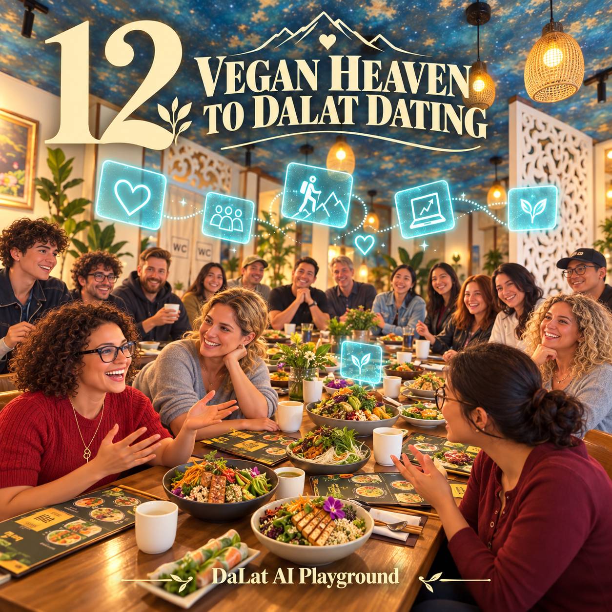 A vibrant gathering of friends enjoying a meal in a cozy Vietnamese restaurant, celebrating vegan cuisine and camaraderie.