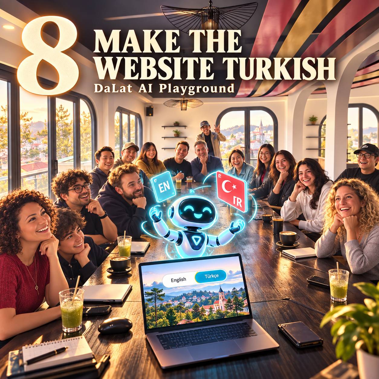 A lively group of people gathered around a table in Đà Lạt, Vietnam, celebrating and discussing how to make their website multilingual with an AI assistant facilitating the process.