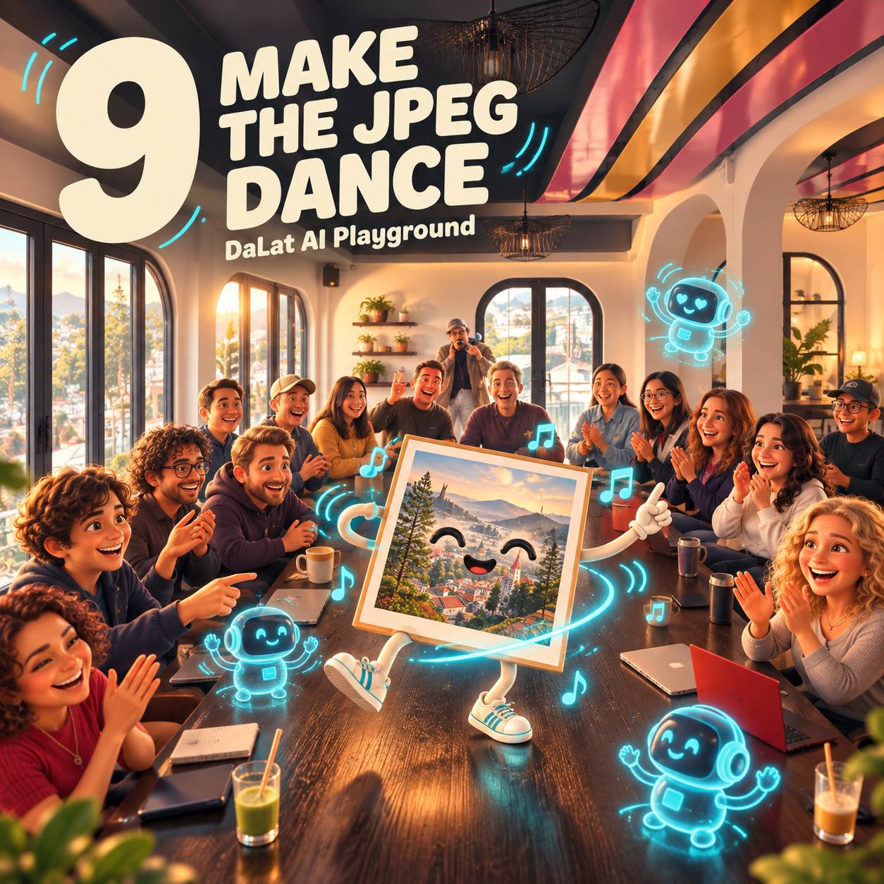 A lively gathering of friends in Đà Lạt, Vietnam, celebrating creativity and technology with a playful AI-themed event where images come to life through dance animations.