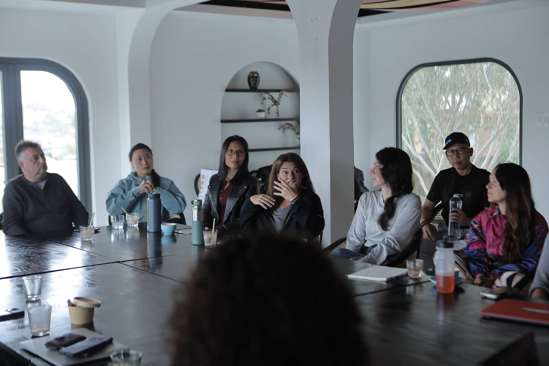 A group of people engaged in a discussion around a large table in a modern, well-lit room with arched windows overlooking greenery.