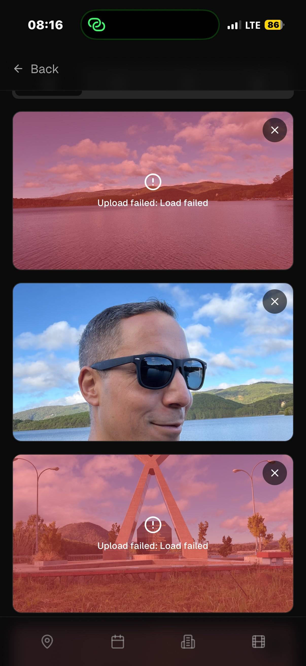 Mobile photo gallery showing failed uploads of scenic Đà Lạt landscapes—misty lakeside views, forest scenes, and outdoor portraits from a highland retreat.