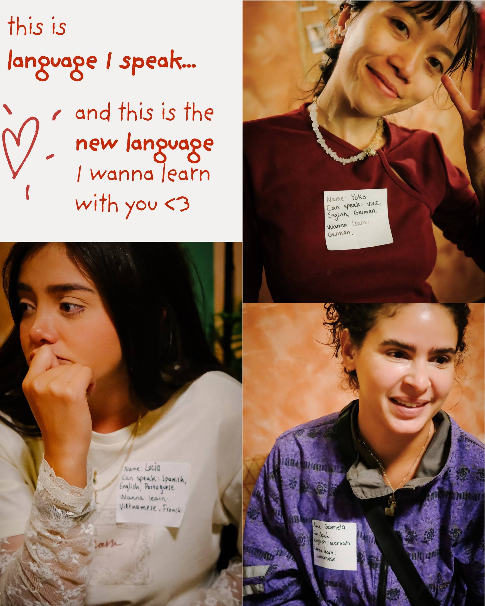 A collage showing people sharing their language skills in a social setting, with notes indicating their proficiency and interest in learning new languages.