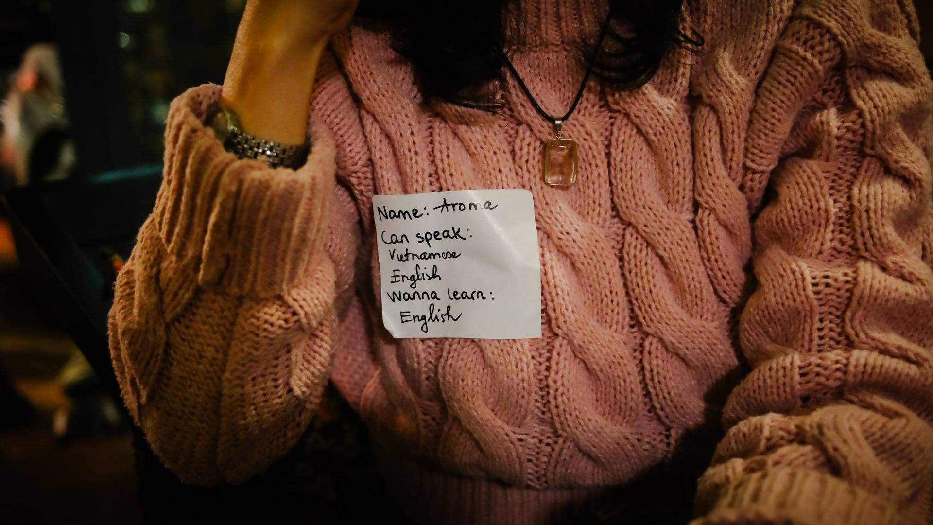 A close-up of a person wearing a pink cable-knit sweater with a handwritten note pinned to it indicating they can speak Vietnamese and English and are learning English.