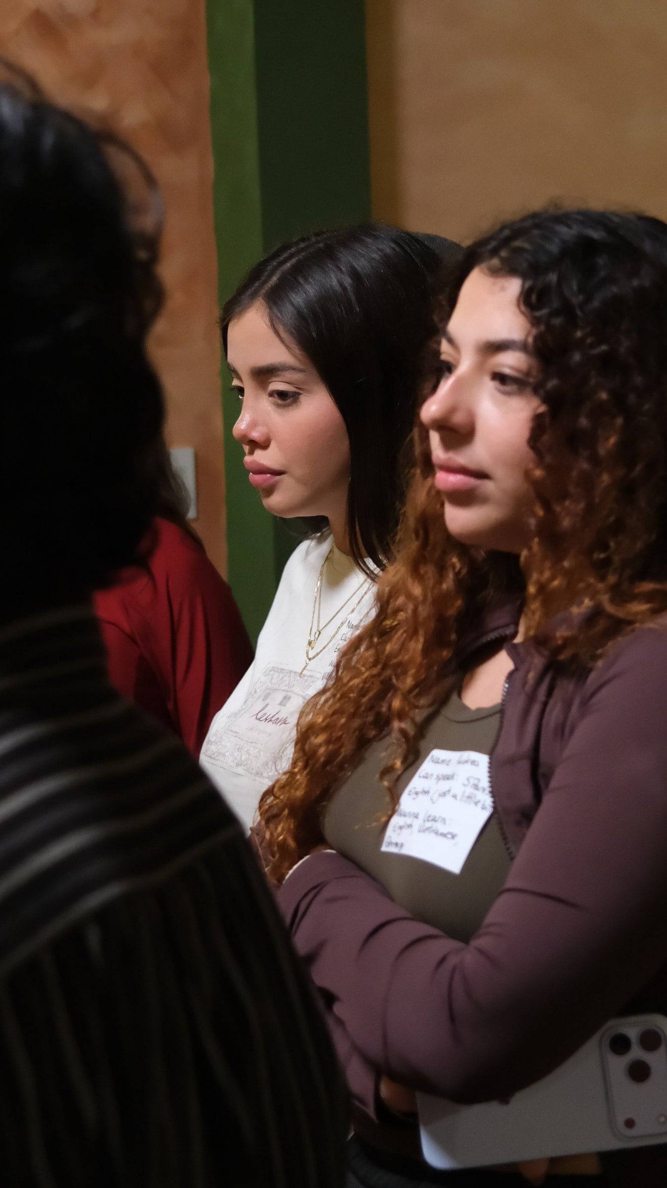 A group of young people is engaged in a discussion or presentation during an event in Đà Lạt, Vietnam, with one person wearing a name tag indicating language skills.