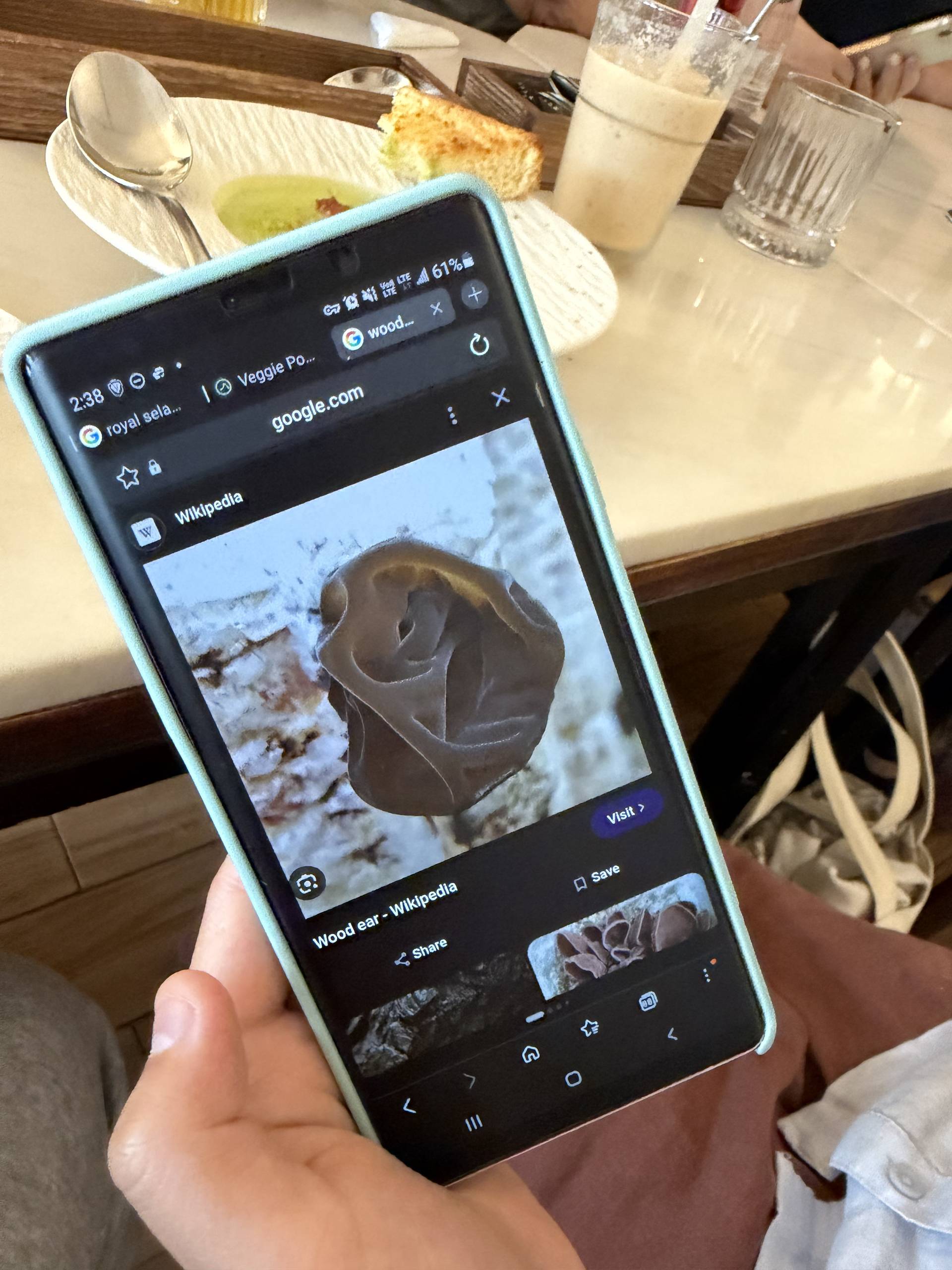 A person holding a smartphone displaying an image of wood ear mushrooms from Wikipedia in a cozy café setting with Vietnamese food and drinks visible.