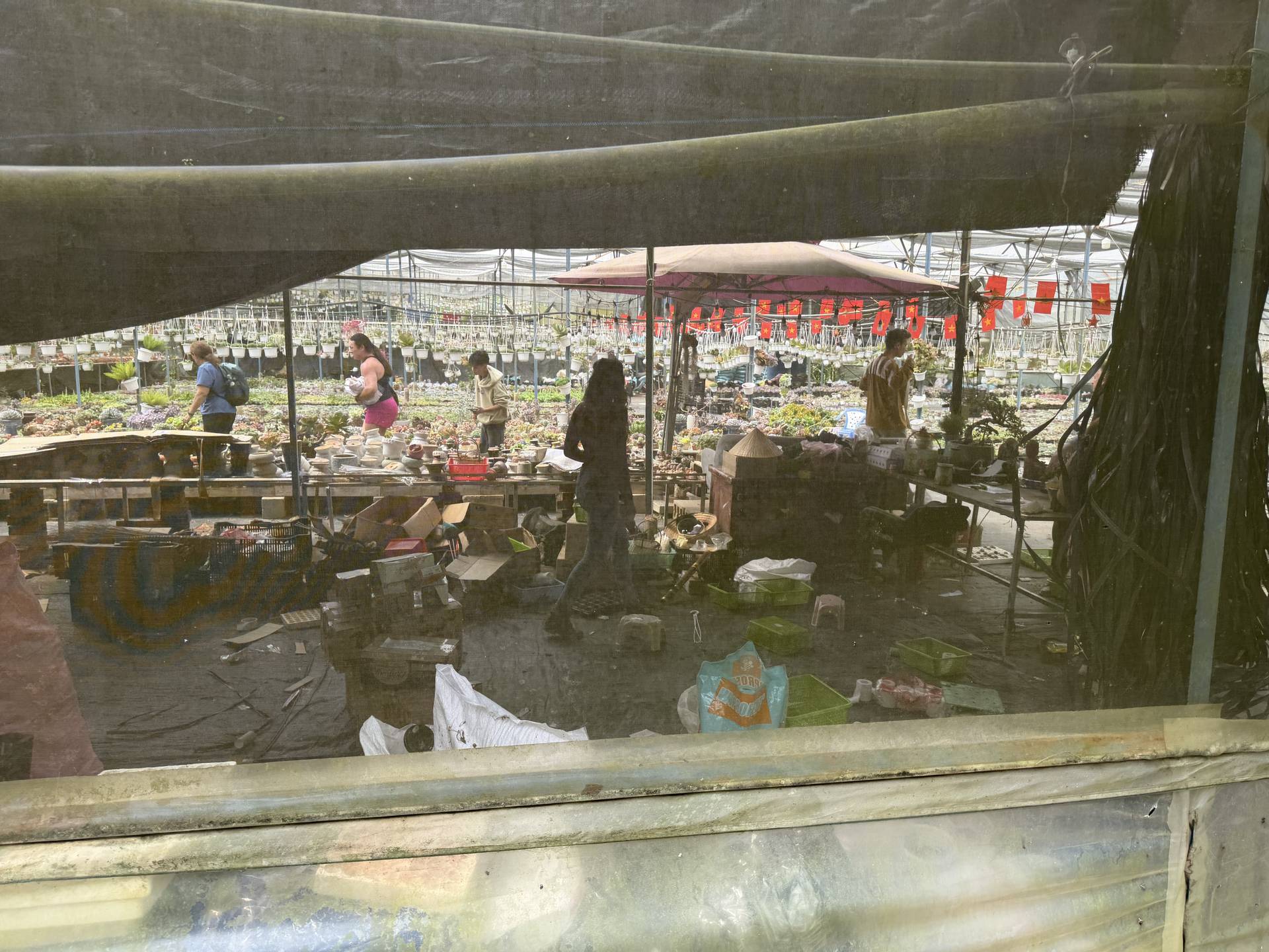 A bustling market scene in Đà Lạt, Vietnam, with vendors selling plants and flowers under a large canopy, showcasing the vibrant local culture.