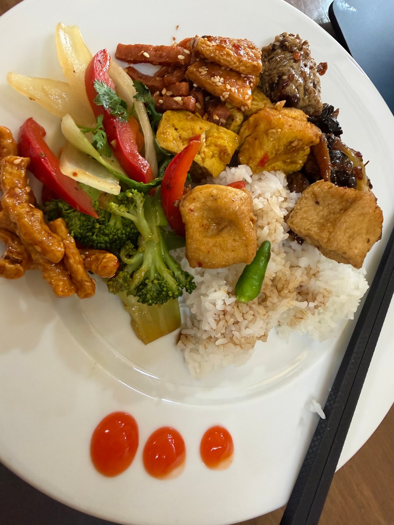 A plate of food from the An Lạc Tâm buffet, featuring rice, tofu, vegetables, and sauce.